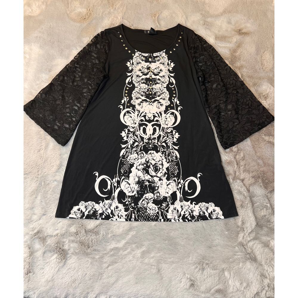 Style & Co Gothic Floral Lace Bell Sleeve Dress Black White Studded Details SZ L